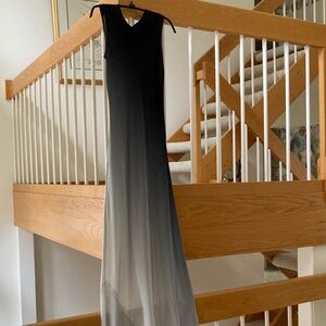 STUNNING SHIMMERING SILVER SILK MAXI GOWN HAS COLOR CASCADING FROM DARK TO LIGHT